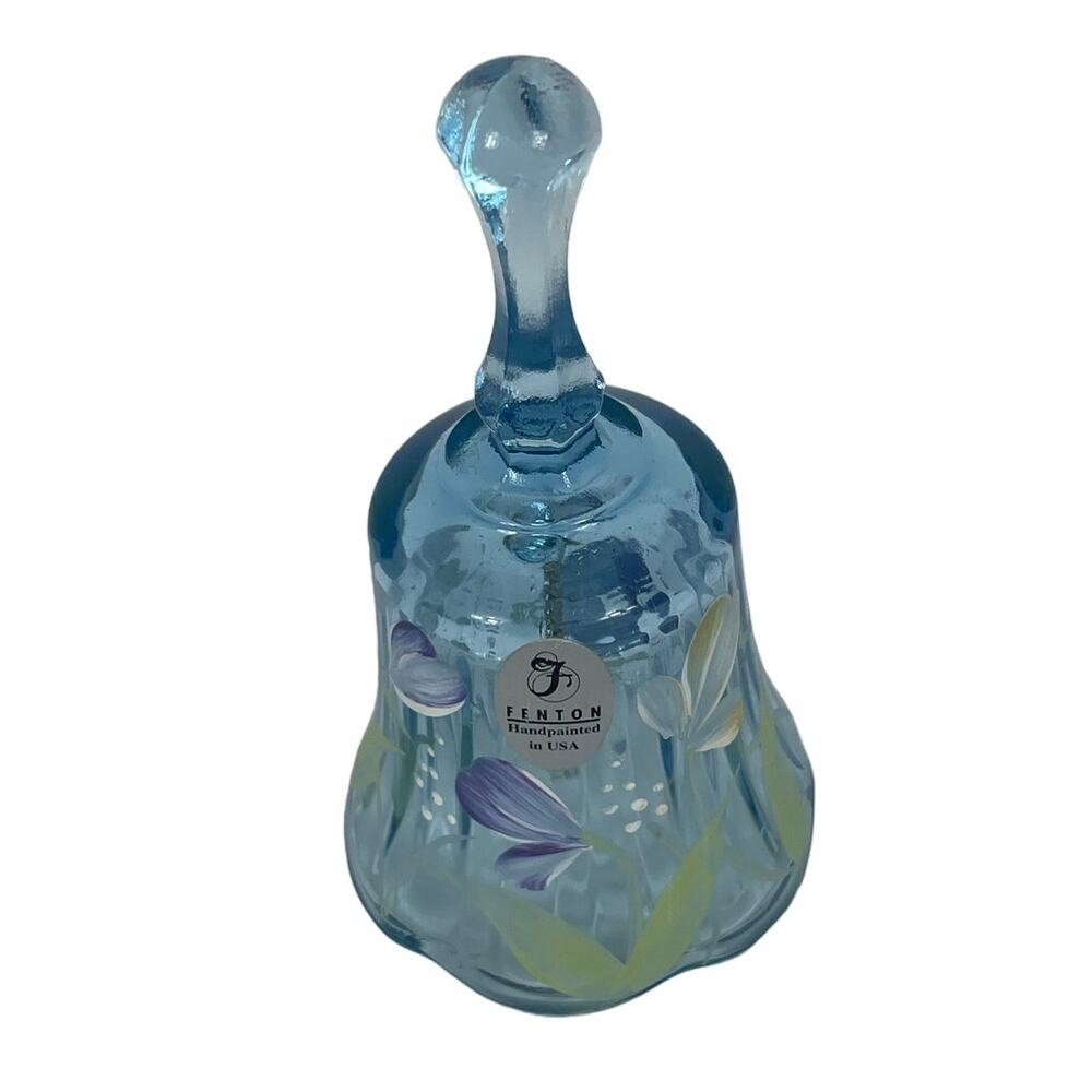 Fenton Handpainted Glass Bell Aquamarine Vintage Flowers